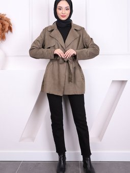 Haki Bel Kuşaklı Nubuk Ceket