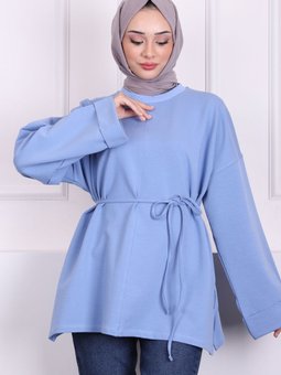 İndigo Dikiş Detaylı Yanları Yırtmaçlı Sweatshirt