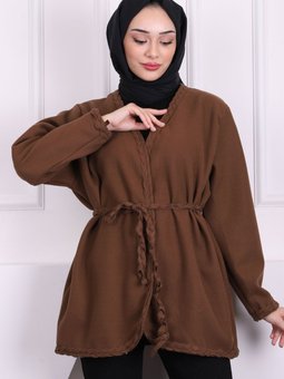 Kahverengi Bel Kuşaklı Saç Örgülü Ceket