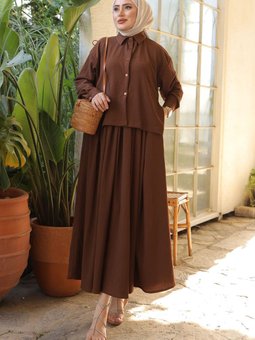Kahverengi Ön Kısa Arka Uzun Gömlek Etek Bürümcük Takım