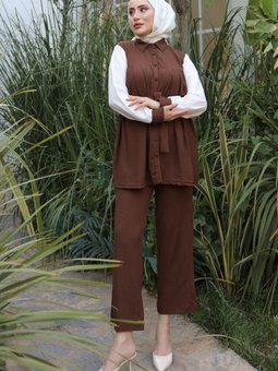 Kahverengi Önü Pileli Kolları Garnili Pantolon Takım