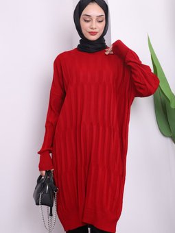 Kırmızı Bisiklet Yaka Merserize Salaş Triko Tunik