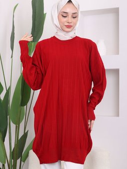 Kırmızı Bisiklet Yaka Merserize Salaş Triko Tunik