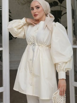 Krem Bel Büzgü Detaylı Tafta Ceket