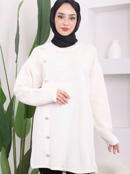 Krem Düğme Detaylı Gofralı Triko Tunik