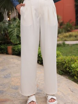 Krem Yüksek Bel Bol Paça Pantolon