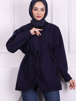 Lacivert Bel Kuşaklı Saç Örgülü Ceket
