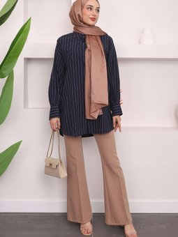 Lacivert Çizgili Keten Gömlek