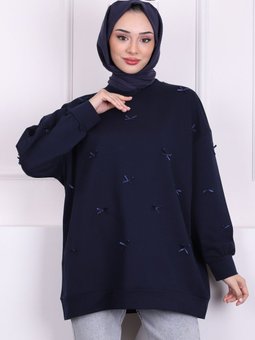 Lacivert Fiyonk Detaylı Modal Sweatshirt