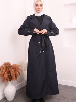 Lacivert Kruvaze Yaka Apoletli Uzun Trençkot