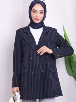 Lacivert Kruvaze Yaka Çizgili Ceket