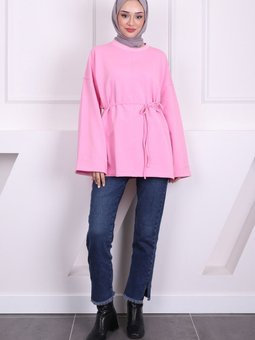 Pembe Dikiş Detaylı Yanları Yırtmaçlı Sweatshirt