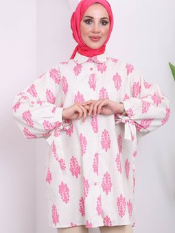 Pembe Kol Bağlamalı Keten Gömlek