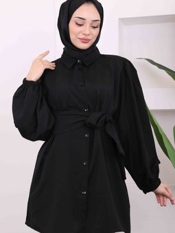 Siyah Bel Kuşaklı Gömlek Tunik