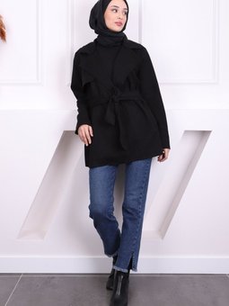 Siyah Bel Kuşaklı Nubuk Ceket