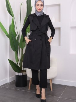 Siyah Bel Kuşaklı Omuzları Apoletli Yelek