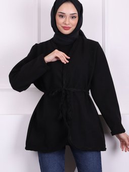 Siyah Bel Kuşaklı Saç Örgülü Ceket