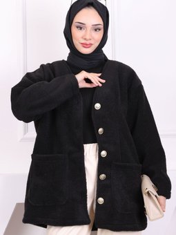 Siyah Cepli Düğmeli Angora Ceket