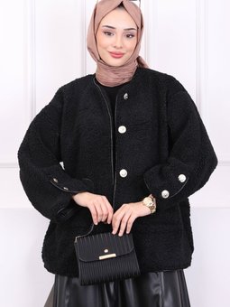 Siyah Cepli Düğmeli Peluş Ceket