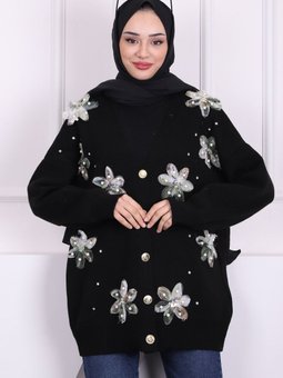 Siyah Çiçek Detaylı Triko Hırka