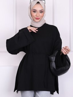 Siyah Dikiş Detaylı Yanları Yırtmaçlı Sweatshirt