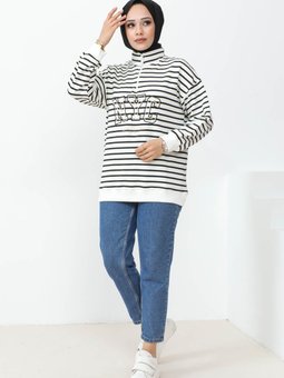 Siyah Yaka Fermuarlı Nyc Nakışlı Çizgili İki İplik Sweatshirt