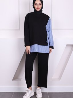 Siyah Yan Bağlamalı Modal Tunik Pantolon Takım