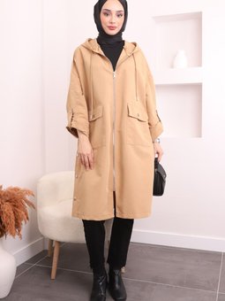 Vizon Bel Kuşaklı Kapüşonlu Trenç