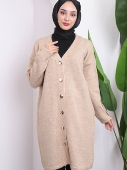 Vizon Düğmeli Uzun Şardonlu Triko Hırka