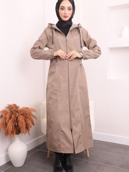 Vizon Kapüşonlu Kol Lastikli Uzun Trençkot