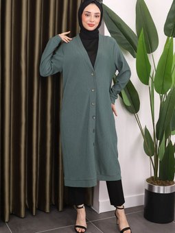 Zümrüt Yeşili Düğmeli Bürümcük Hırka