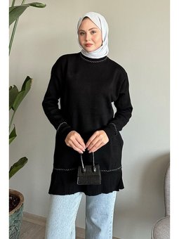 Biyeli Basic Siyah Triko Kazak