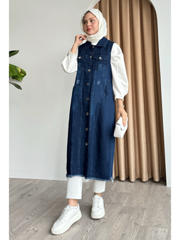 Eskitme Detay Koyu Mavi Kot Yelek