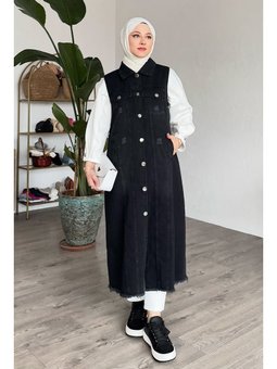 Eskitme Detay Siyah Kot Yelek