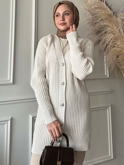 Fitilli Gold Düğmeli Ekru Triko Hırka