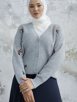 Helly Papatya İşlemeli Hırka Gri