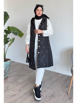 Taşlı Kapitone Kapüşonlu Siyah Yelek