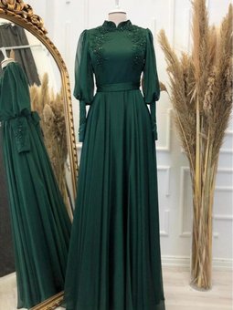 Kol Ve Gögüs İşlemeli Janjan Abiye Elbise Zümrüt Yeşili