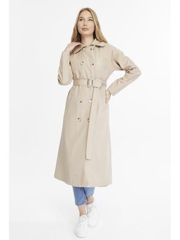 Uzun Boy Kemerli Astarlı Bej Trençkot