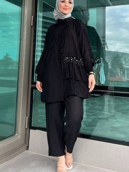 Siyah Büzgülü İncili Tunik Pantolon İkili Takım