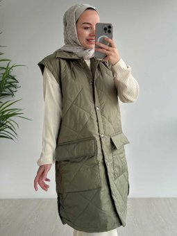 Cep Detay Kapitone Yelek Haki