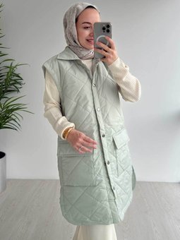 Cep Detay Kapitone Yelek Su Yeşili