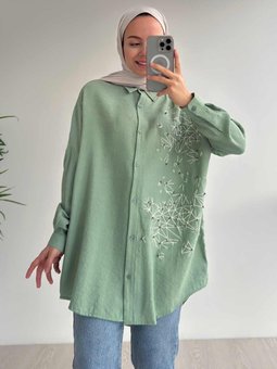 Taş Ve Boncuk İşlemeli Gömlek Yeşil