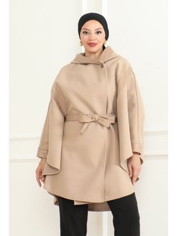 Kuşaklı Deri Detaylı & Bej Panço