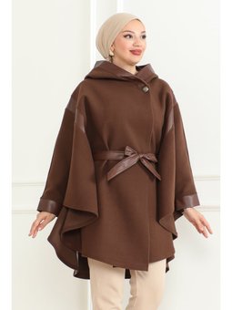 Kuşaklı Deri Detaylı & Kahverengi Panço