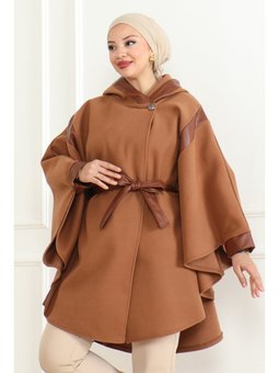 Kuşaklı Deri Detaylı & Vizon Panço