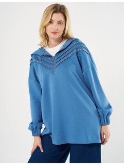 Dikiş Detaylı Ve Taş İşlemeli Scuba Sweatshirt Taç Mavisi