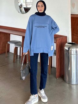 Give Up Can Yazılı Sweatshirt Mavi