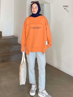 Give Up Can Yazılı Sweatshirt Oranj