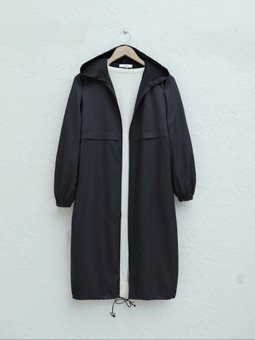 Boydan Fermuarlı Kapüşonlu Uzun Yağmurluk